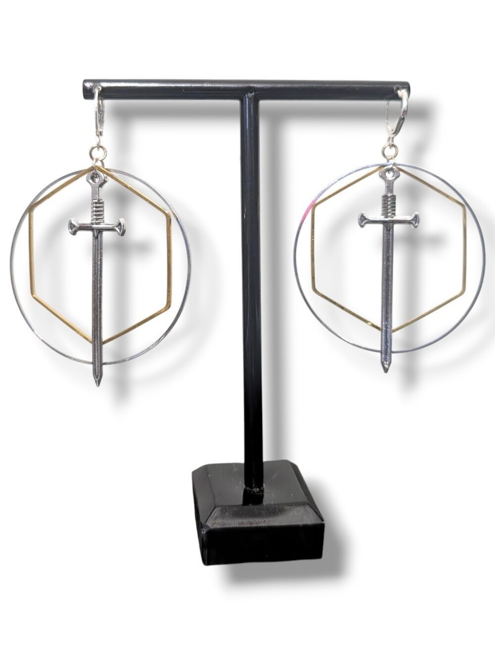 NWT Handmade Dangly Sword Hoop And Hexagon Drop Earrings